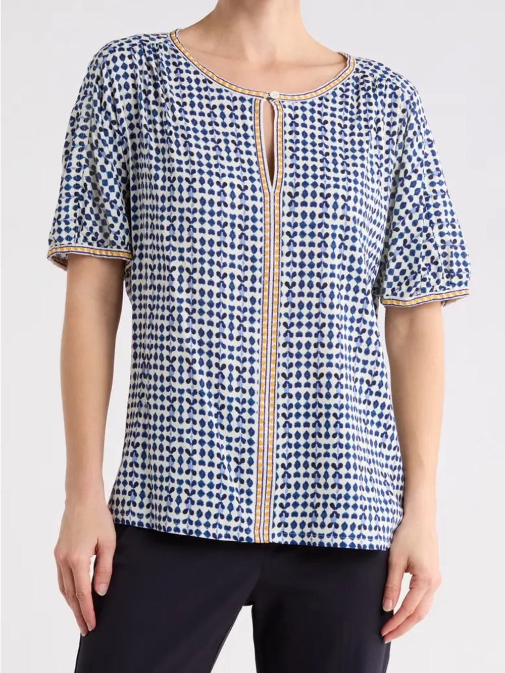 Max Studio Blue and White Printed Short-Sleeve Keyhole Blouse with Gold Trim